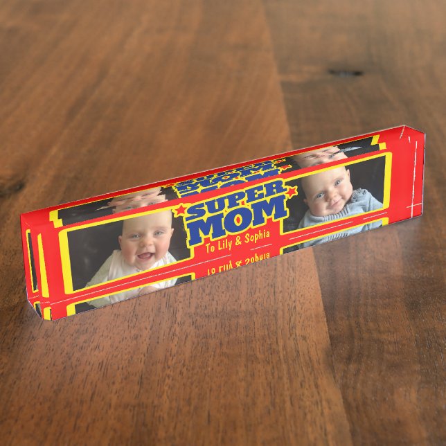 Super Mum kids name and photo desk plaque Nameplate (Side)