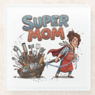 Super Mum Kitchen Superhero Cartoon Glass Coaster