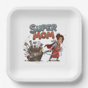 Super Mum Kitchen Superhero Cartoon Paper Plate