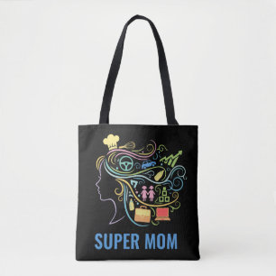 Super Mum Many Hats Colourful Retro Graphic Tote Bag