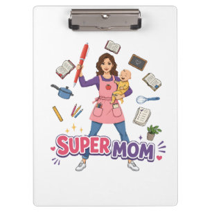 Super Mum Multitasking Mother Cartoon Design Clipboard