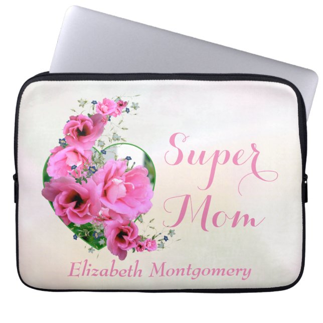 Super Mum Natural Pink Floral Heart Custom Name Laptop Sleeve (Front)