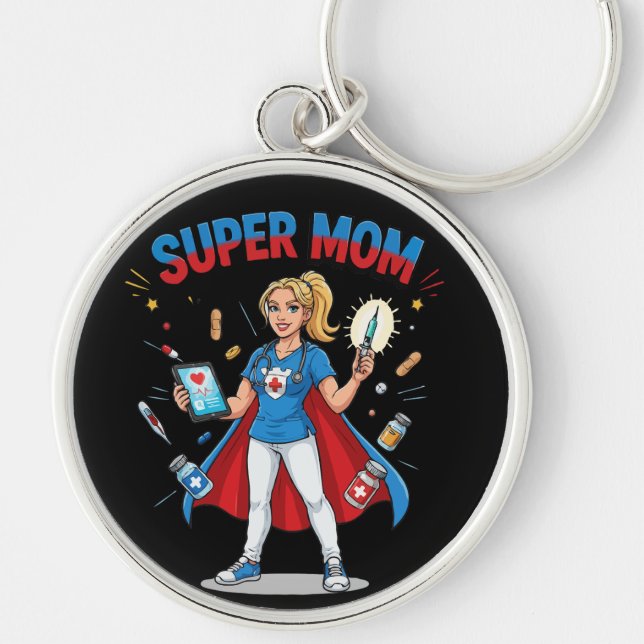 Super Mum Nurse Superhero Typography Key Ring (Front)