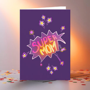 Super Mum Pink Neon Flower Comic Bubble  Card