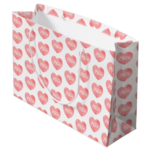 Super mum text in pink heart large gift bag (Back Angled)