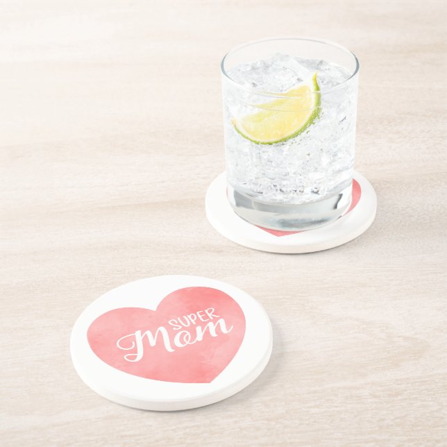Super Mum text in pink painted heart Coaster (Side)