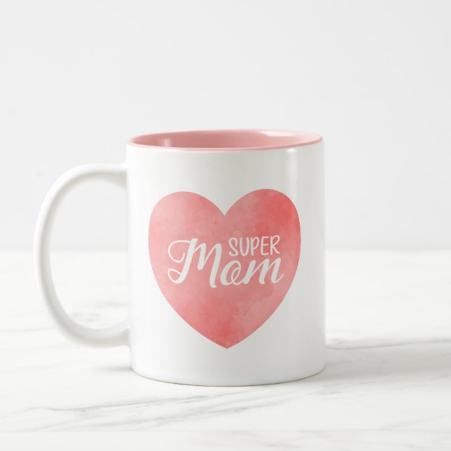 Super Mum text in pink painted heart Two-Tone Coffee Mug (Left)