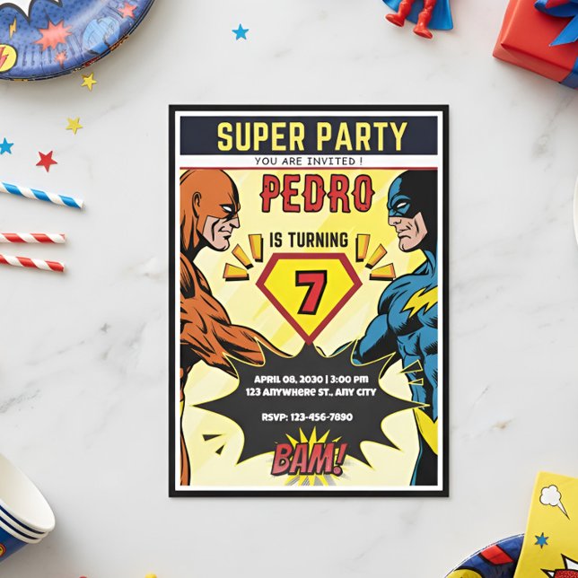 Super Party Kids 7th Birthday Superhero Kids Invit Invitation (Creator Uploaded)