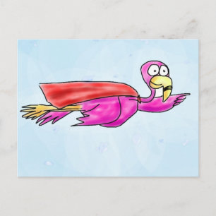 Super Pink Flamingo w/ Flying Cape Whimsical Art Postcard