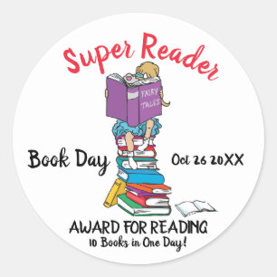 Super reader girl on books reading book day award classic round sticker