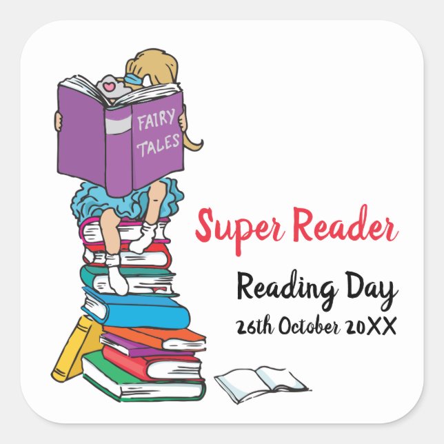 Super reader girl on books reading day square sticker (Front)
