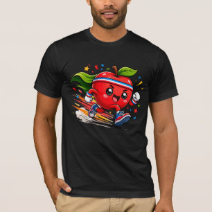 Super Red Apple Running Cartoon Fitness Mascot T-Shirt
