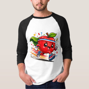 Super Red Apple Running Cartoon Fitness Mascot T-Shirt