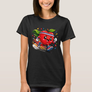 Super Red Apple Running Cartoon Fitness Mascot T-Shirt