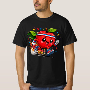 Super Red Apple Running Cartoon Fitness Mascot T-Shirt