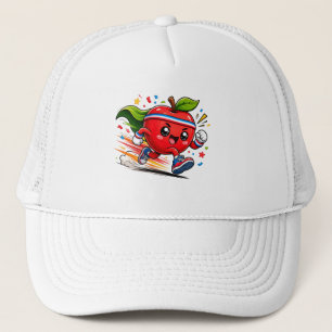 Super Red Apple Running Cartoon Fitness Mascot Trucker Hat