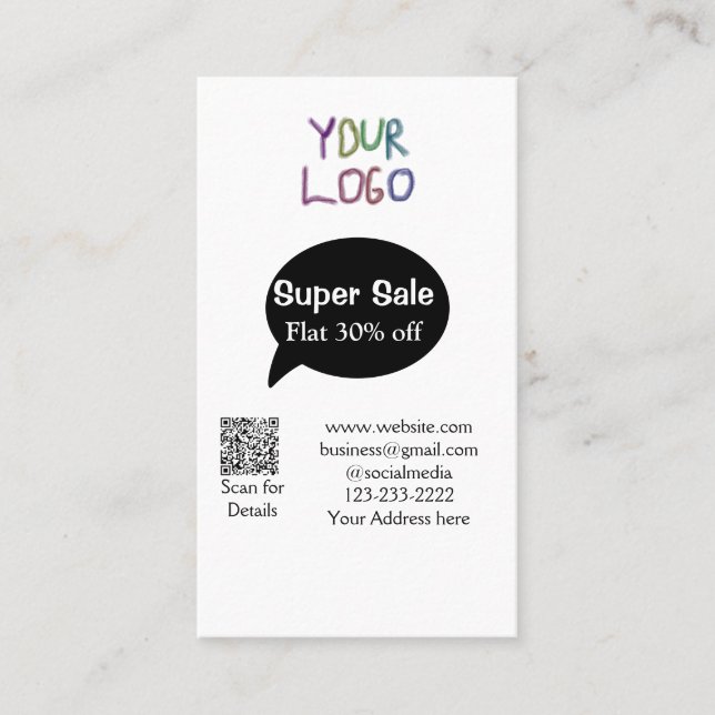 super sale business discount scan QR code details  Business Card (Front)