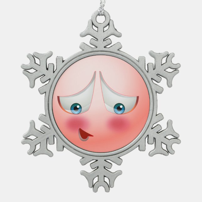 Super shy and blushing emoji snowflake pewter christmas ornament (Front)