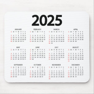 Super Simple 2025 White Background Calendar Mouse Pad