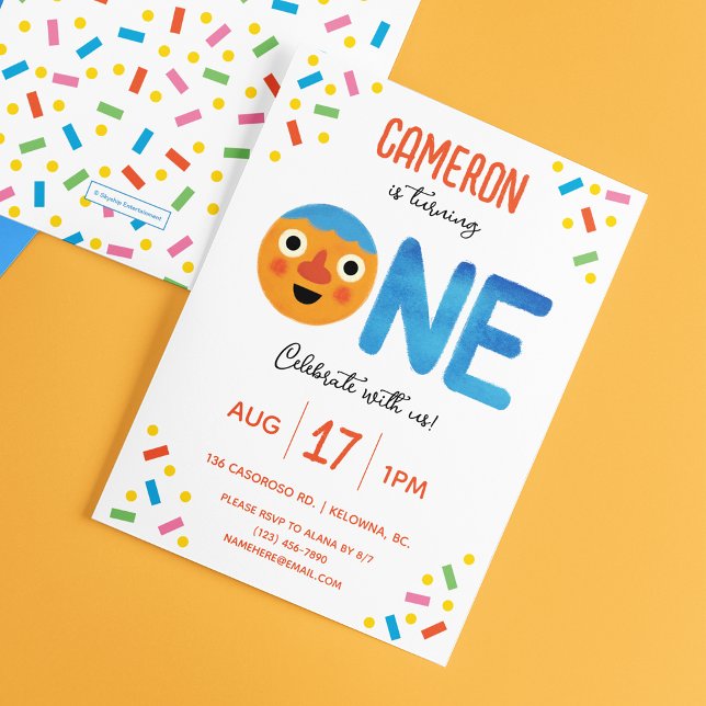 Super Simple Noodle & Pals Confetti 1st Birthday  Invitation (Invitation on table)