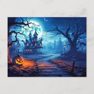 Super Sinister Pumpkin & Haunted House Postcard