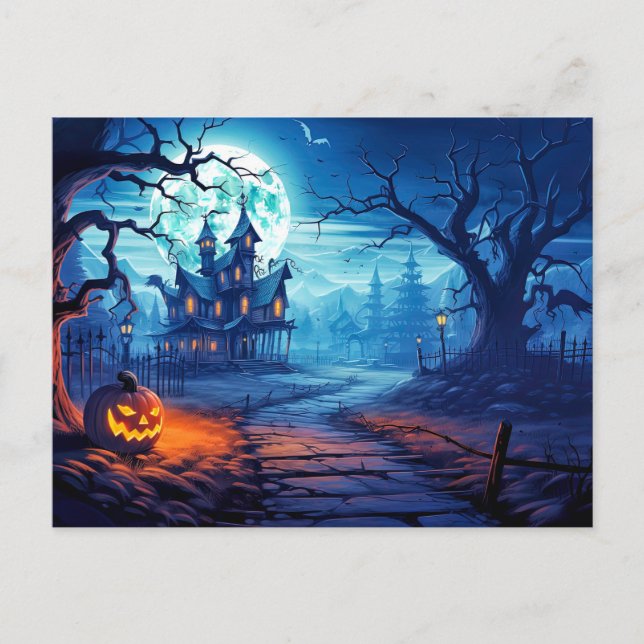 Super Sinister Pumpkin & Haunted House Postcard (Front)