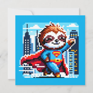 Super Sloth Funny Pixel Art Hero Cityscape Design Invitation