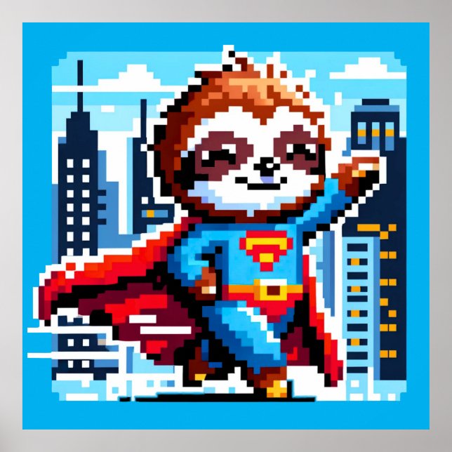 Super Sloth Funny Pixel Art Hero Cityscape Design Poster (Front)