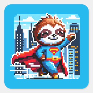 Super Sloth Funny Pixel Art Hero Cityscape Design Square Sticker