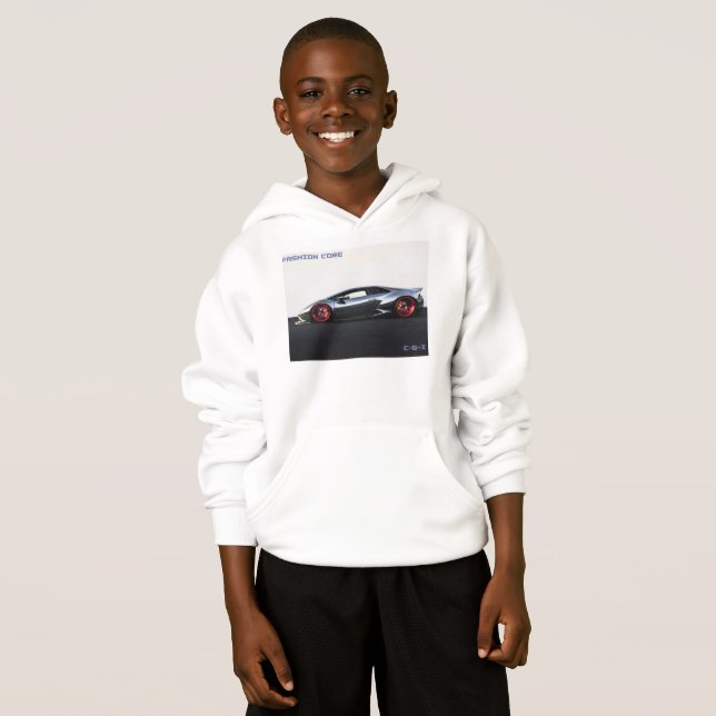 super sports car on boys white sweater hoodie  (Front Full)