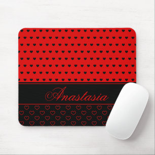 Super Stylish Red And Black Hearts Custom Name Mouse Pad