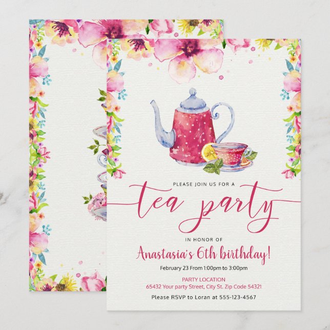 Super Sweet and Vibrant Tea Party Birthday Invitation (Front/Back)