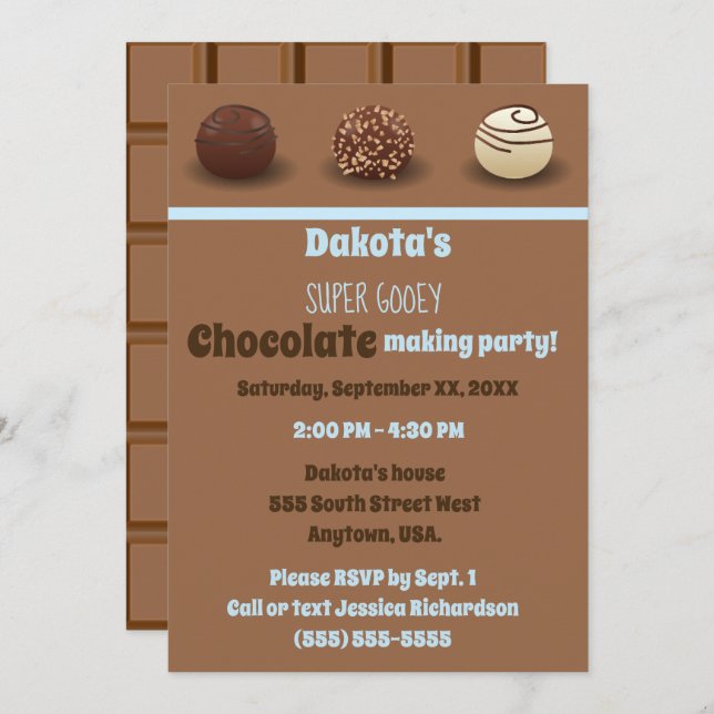 Super Sweet Chocolate Making Birthday Party Blue Invitation (Front/Back)