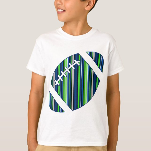 Super Team Striped Football in  Blue and Green T-Shirt (Front)