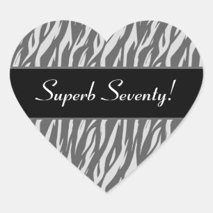 Superb 70th Birthday Grey and White Zebra Favour Heart Sticker