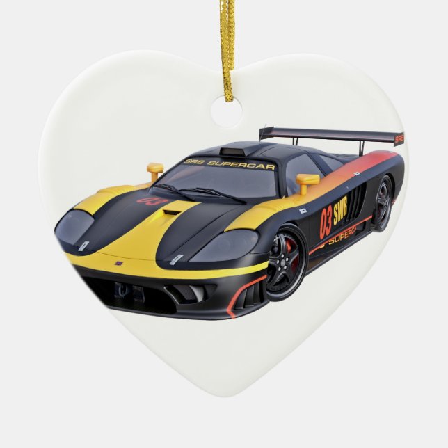 Supercar in Black and Yellow Ceramic Tree Decoration (Front)
