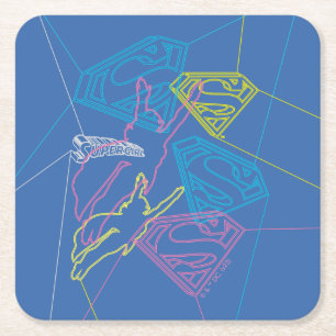 Supergirl and Logo Coloured Outlines Square Paper Coaster