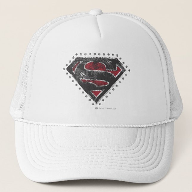Supergirl Distressed Logo Black and Red Trucker Hat (Front)