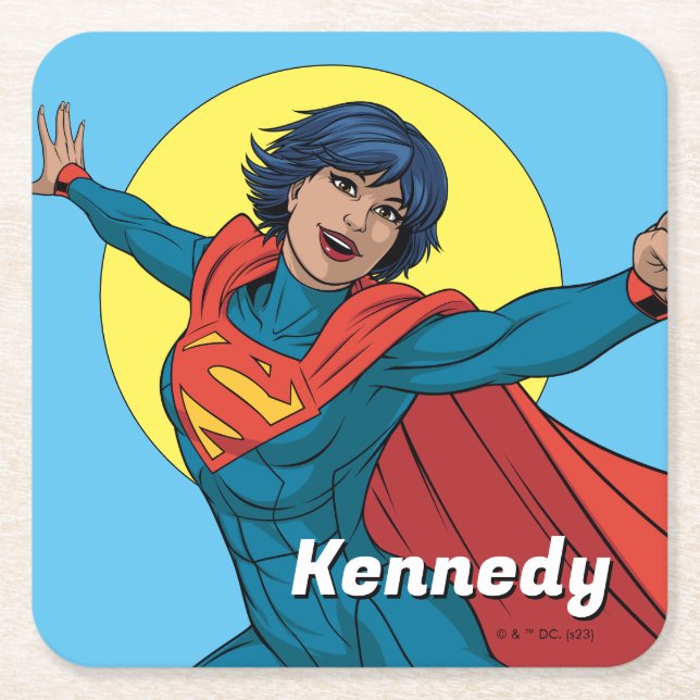 Supergirl Flying in Blue Suit Square Paper Coaster (Front)