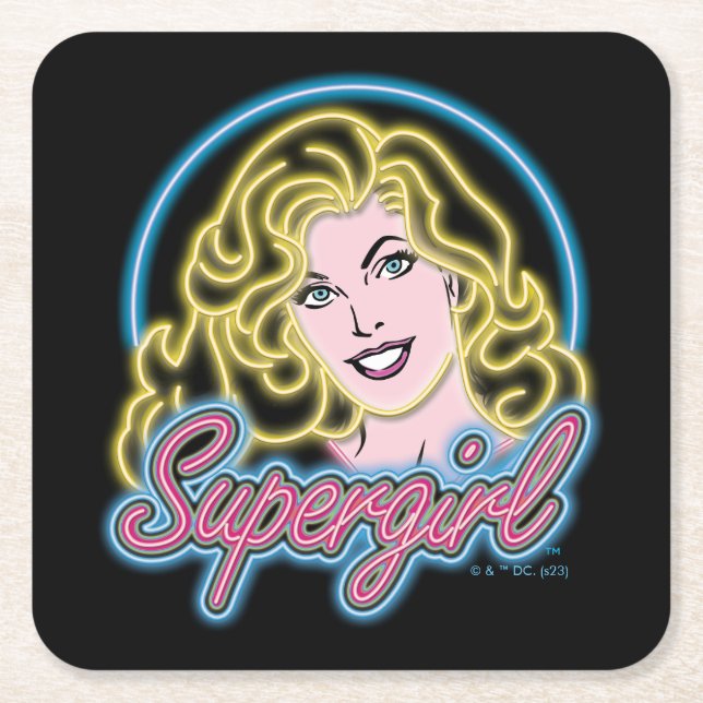 Supergirl Retro Neon Lights Graphic Square Paper Coaster (Front)