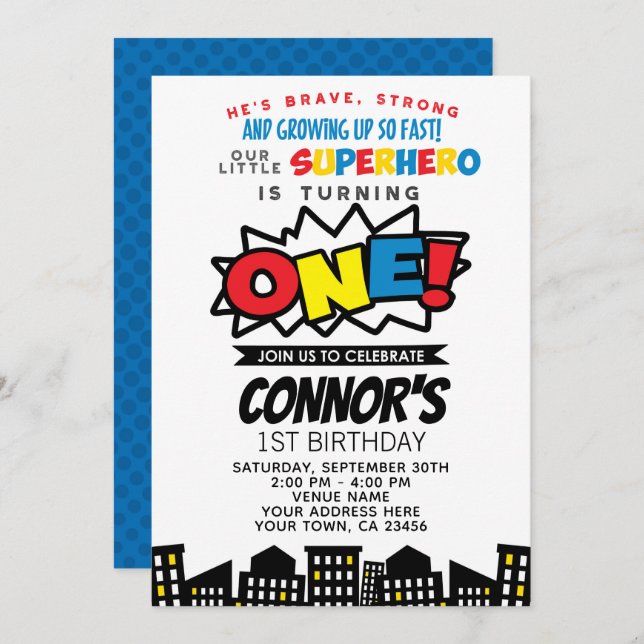 Superhero 1st Birthday Invitation (Front/Back)