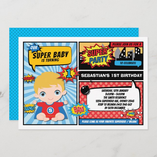 Superhero 1st Birthday Party Comics / Blonde Hair Invitation (Front/Back)