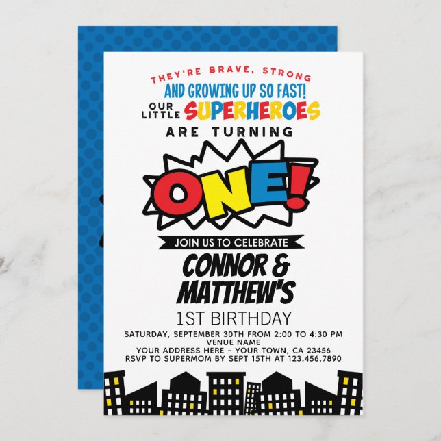 Superhero 1st Birthday Twins Invitation (Front/Back)