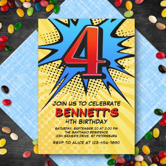 Superhero 4th Birthday Invitation