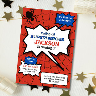 Superhero 6th birthday kids spider red black   invitation
