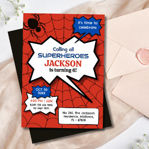 Superhero 6th birthday kids spider red black invitation