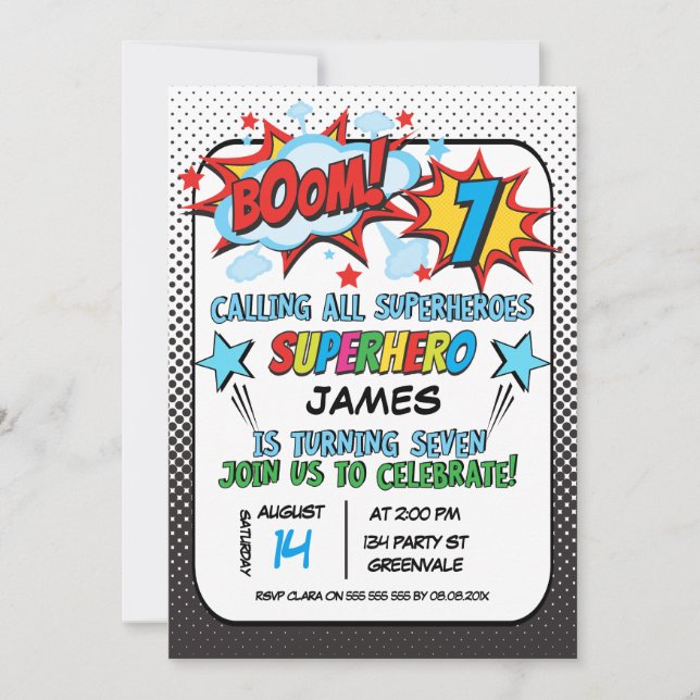 Superhero 7th birthday Party Invitation (Front)