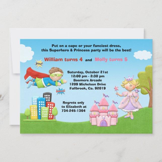 Superhero and Princess Birthday Party Invitation (Front)