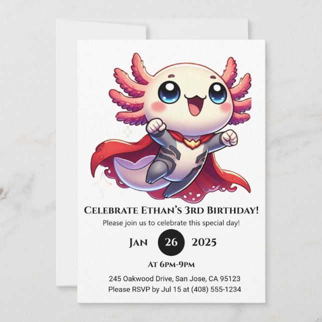 Superhero Axolotl Power Birthday Invitation (Front)