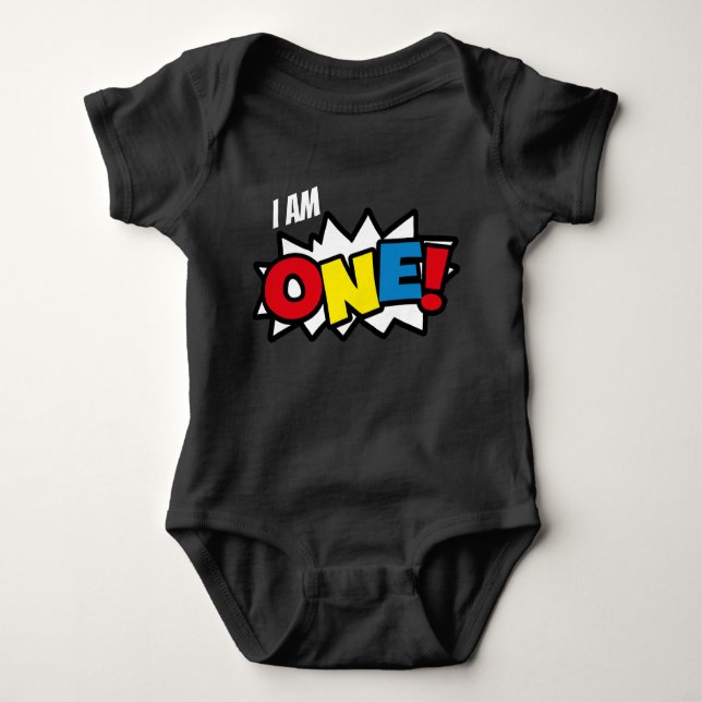Superhero Baby Black Bodysuit, 1st Birthday Outfit Baby Bodysuit (Front)